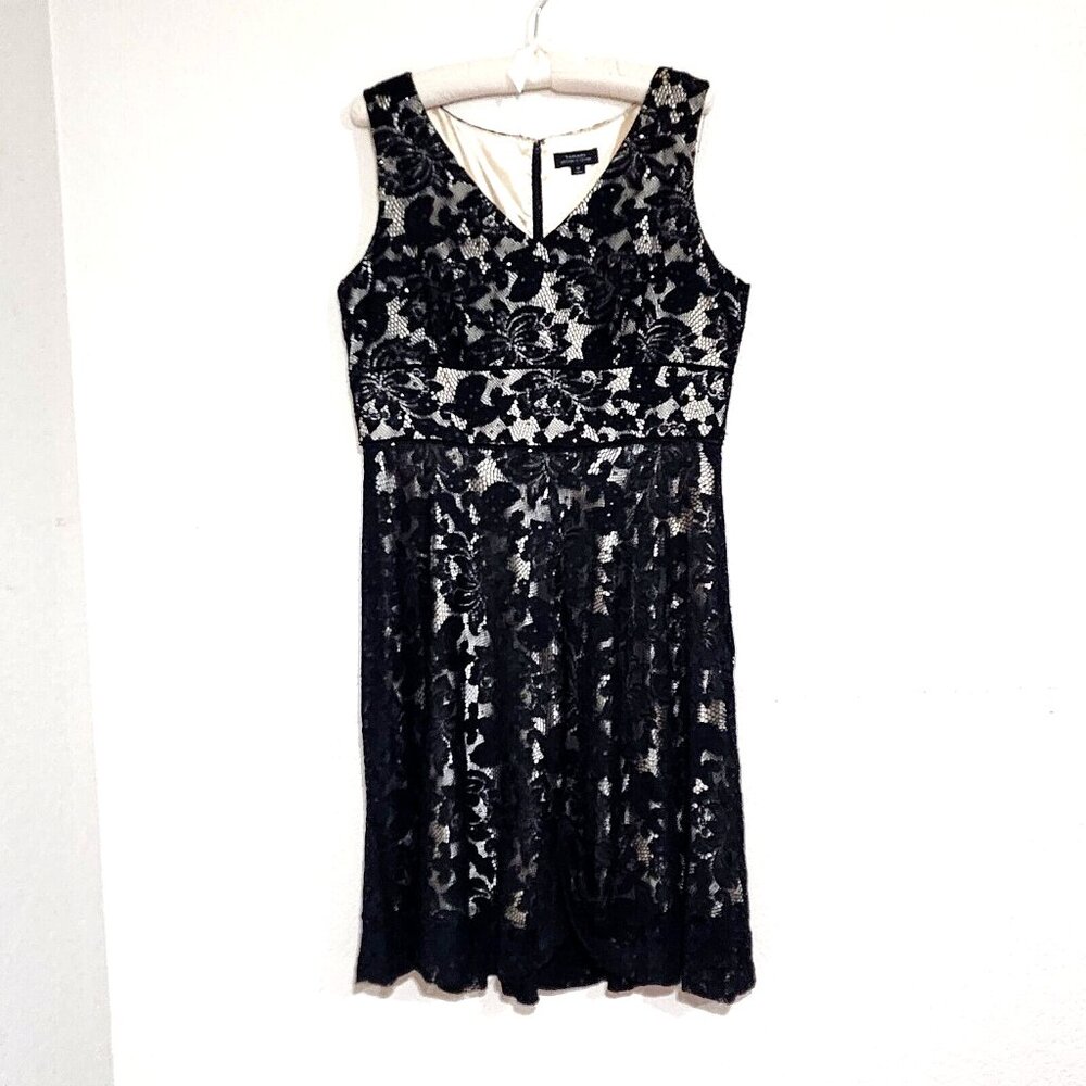 Tahari ASL Black Lace Sequin Dress Shimmery Gold Lining Fit & Flare